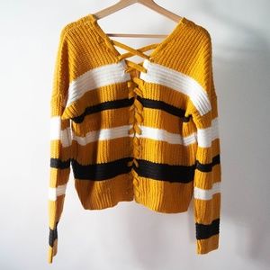 Full Circle Trends Criss Cross Tie Back V-Neck Striped Sweater